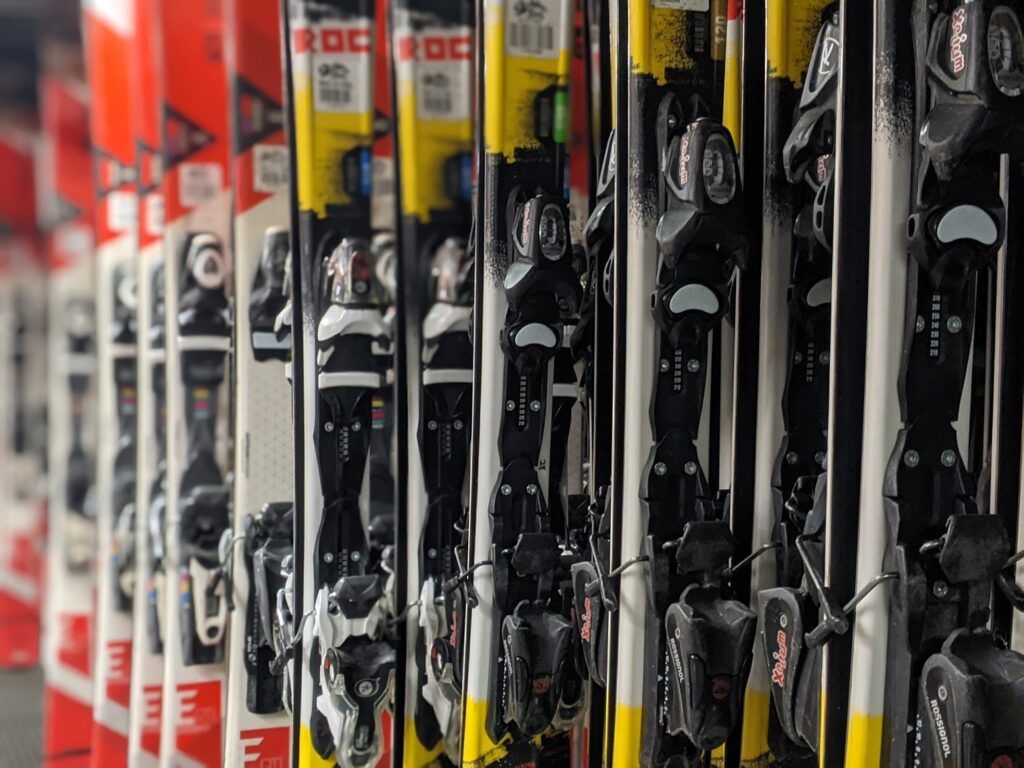 Racks of skis ready to rent at Bousquet Mountain