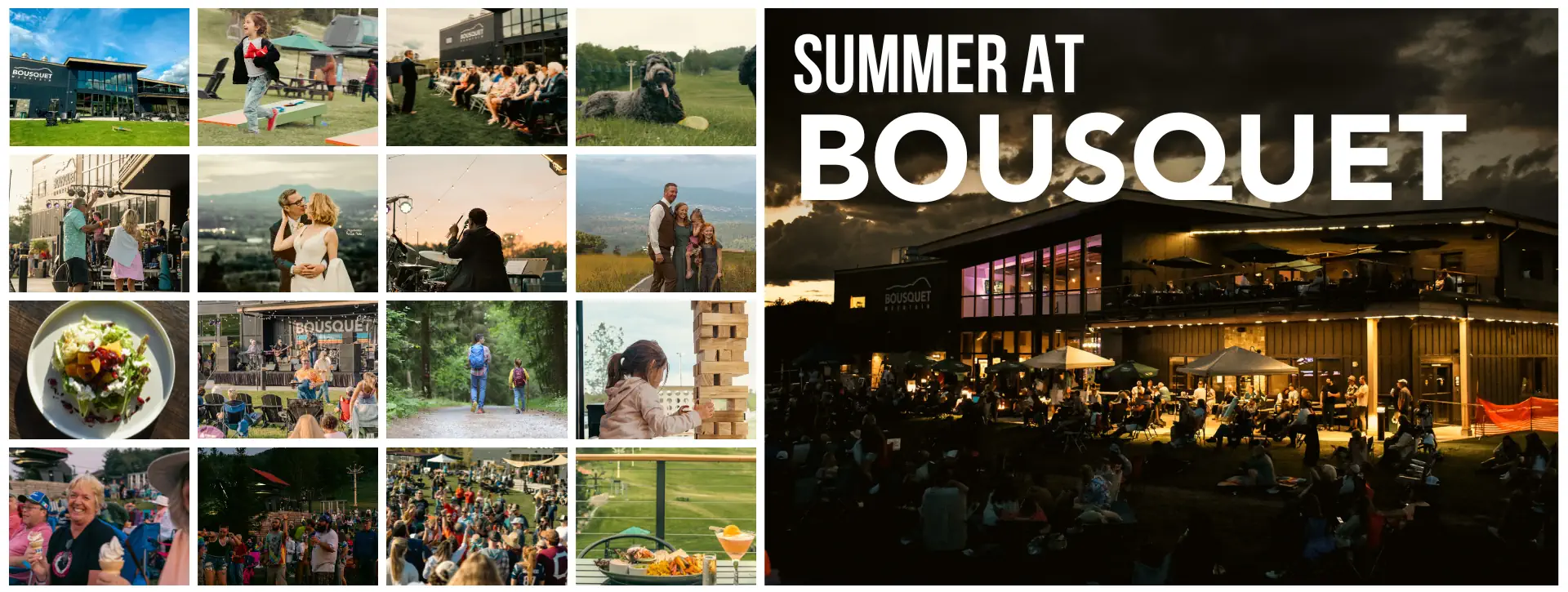 Summer at Bousquet Mountain banner image, with concerts, weddings, food, and hiking