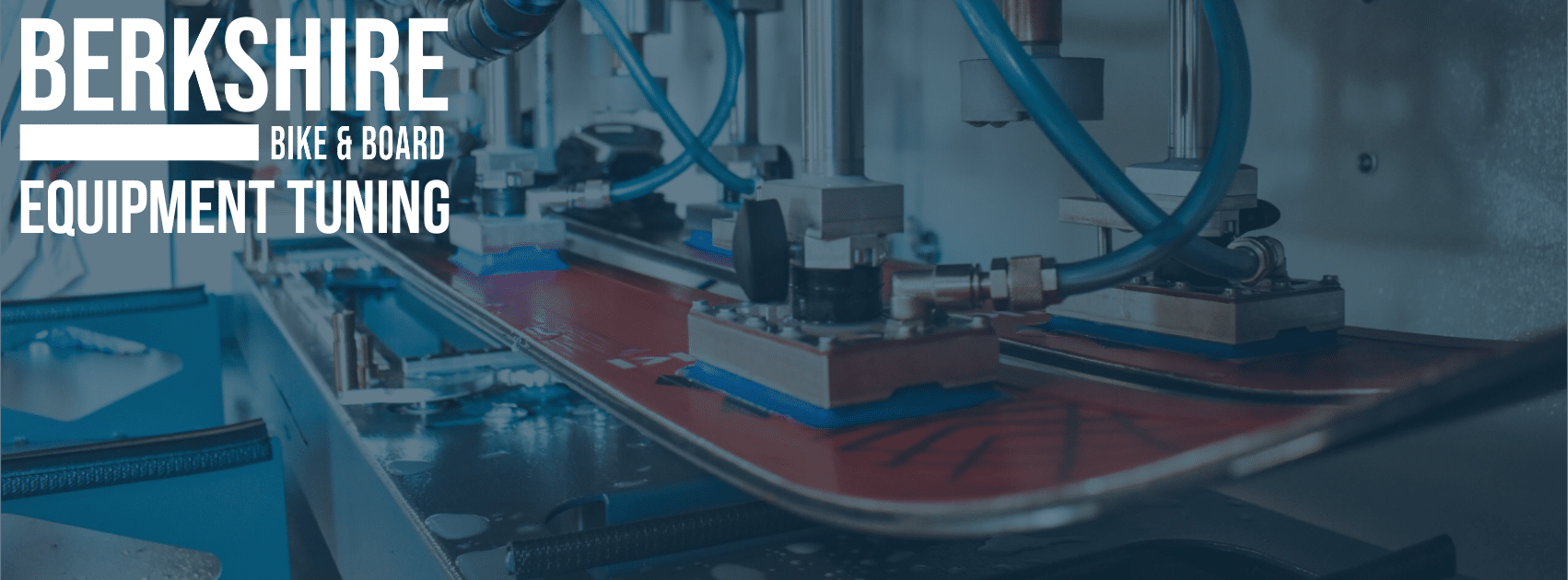 Text Reads: Berkshire Bike & Board Equipment Tuning. Text overlays photo of skis being tuned on a Montana challenge tuning machine.