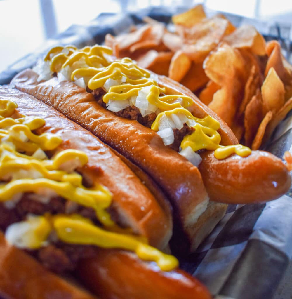 Hot dogs + chips at Drifters bar & Restaurant