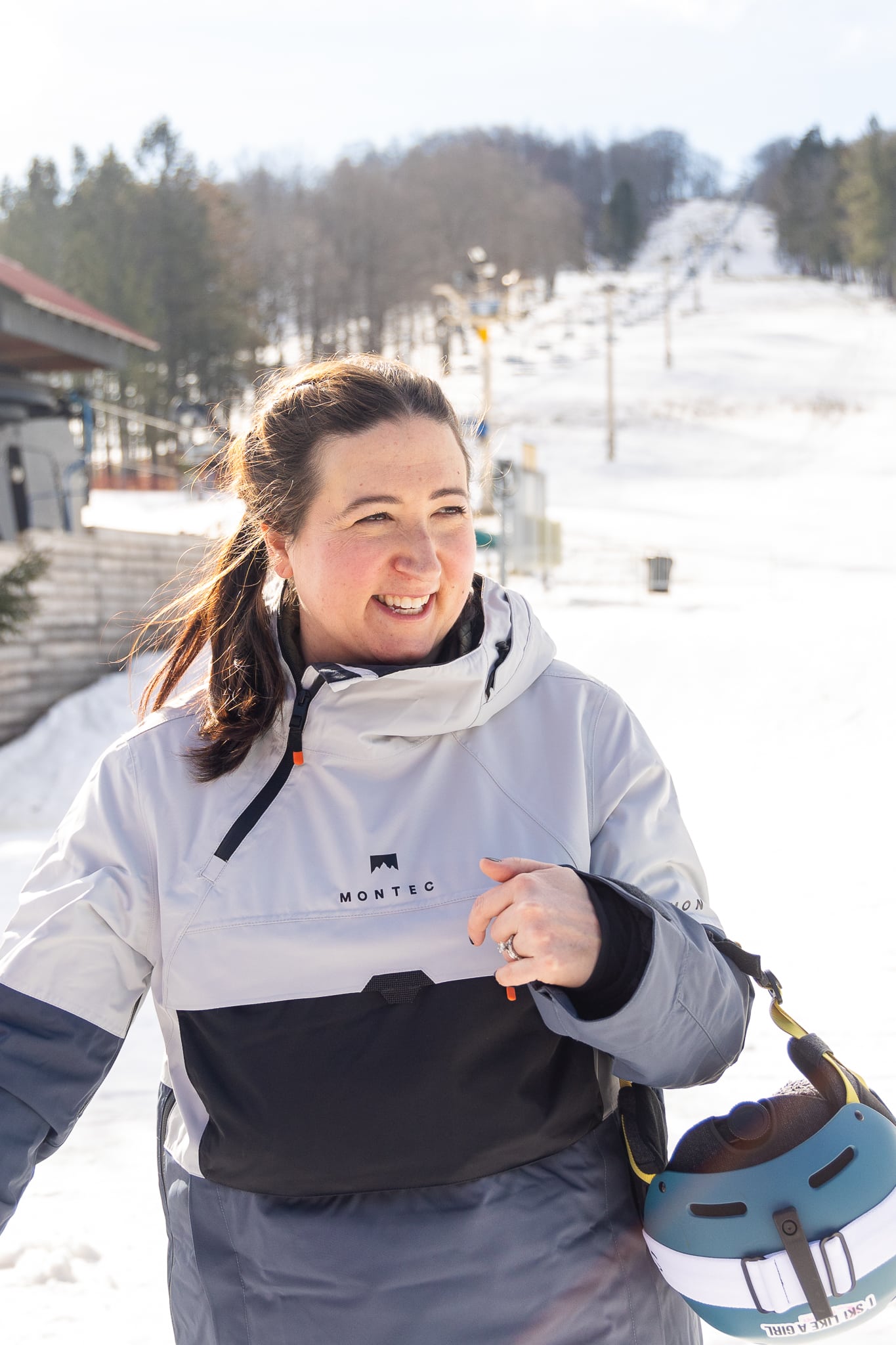 a member of slope sisters, women lesson program at bousquet mountain, smiling and laughing after a lesson