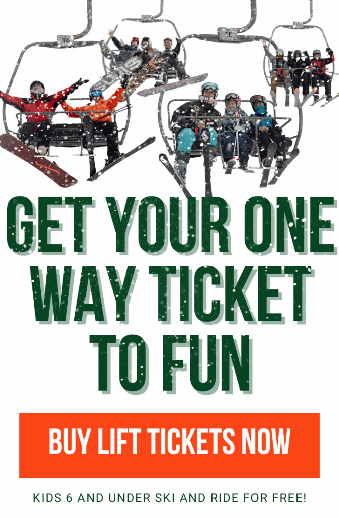 Text reads: get your one way ticket to fun! kids 6 and under ski for free. text overlays image of people on different chair lifts, smiling and having fun at Bousquet Mountain