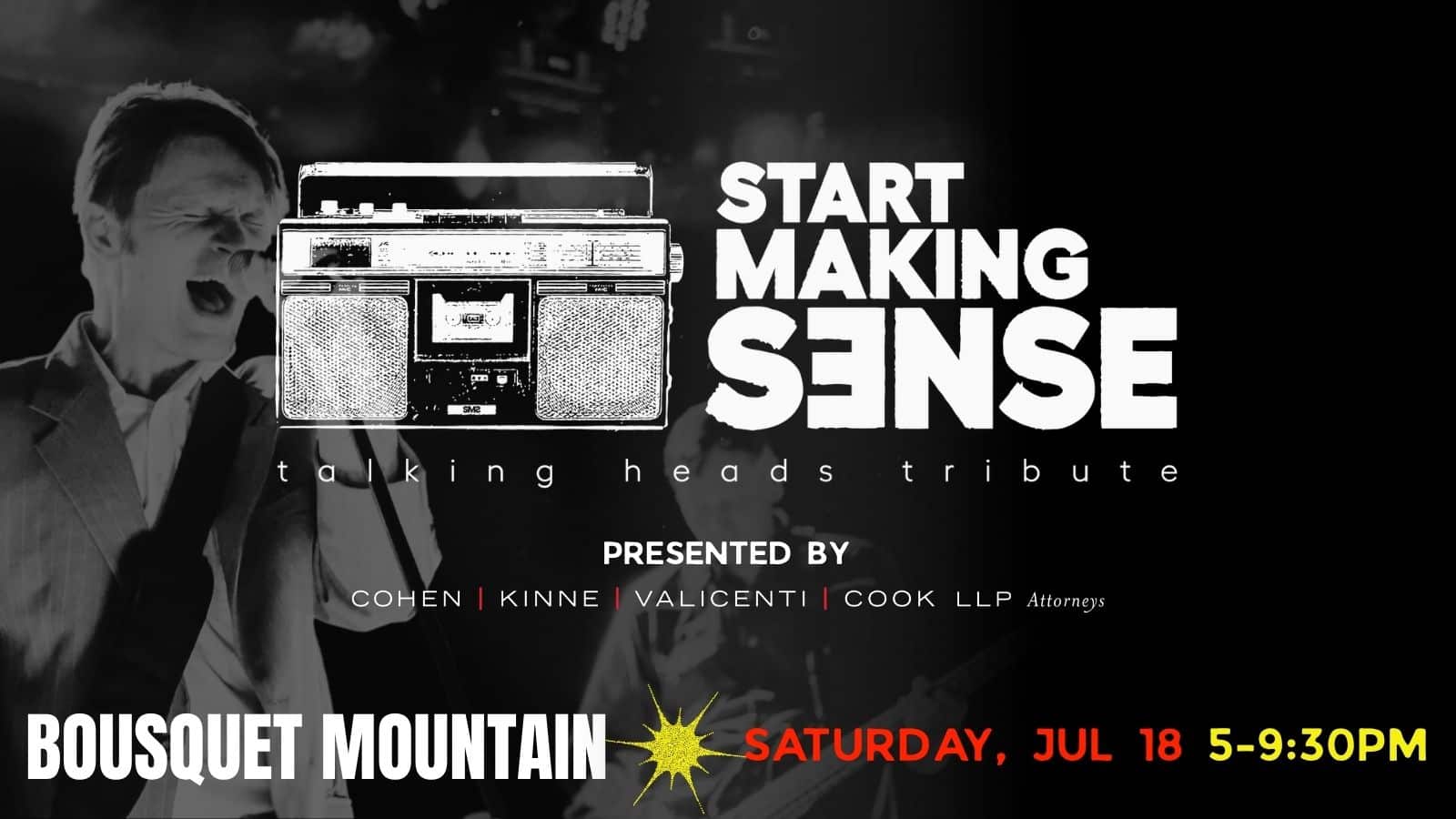 Monochrome promotional poster for a Talking Heads tribute concert titled 'Start Making Sense' with a boombox graphic and a left-side musician silhouette, plus event details at bottom.