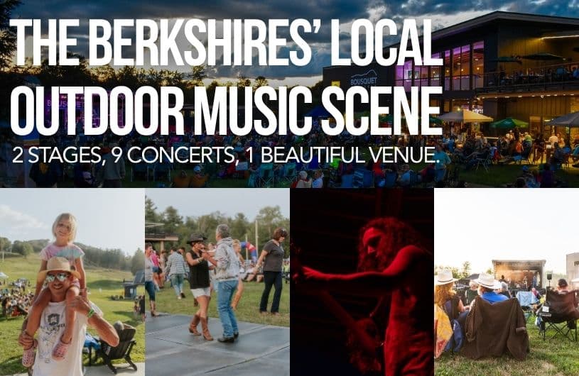 Banner promoting Berkshire's outdoor music scene: two stages, nine concerts, at a beautiful venue; collage of festival moments.