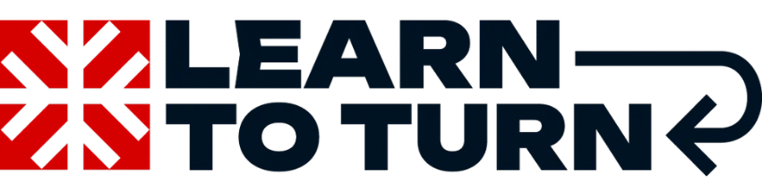 Logo for Learn to Turn: red gear-like square icon beside bold navy text 'LEARN TO TURN' with a curved arrow motif extending from the end.