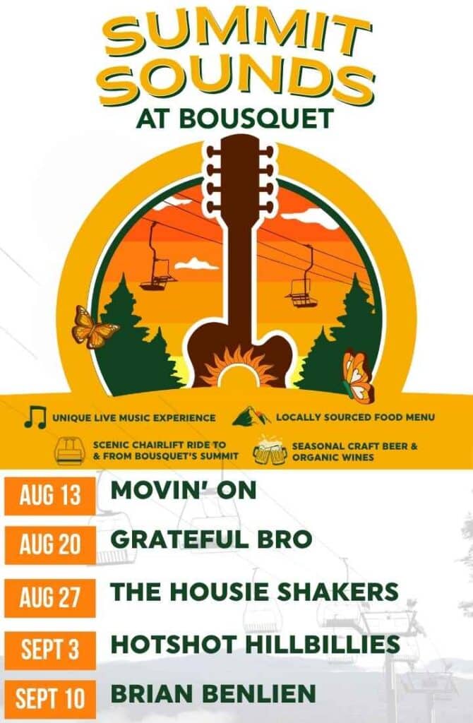 Poster for Summit Sounds at Bousquet with a guitar graphic in a sunset circle and a lineup: Movin’ On, Grateful Bro, The Housie Shakers, Hotshot Hillbillies, Brian Benlien (Aug–Sept dates).