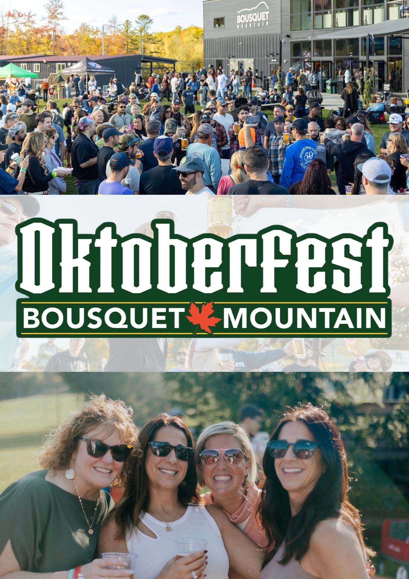 Crowd of festivalgoers at an Oktoberfest event outside a building with a large Oktoberfest banner and people holding drinks.