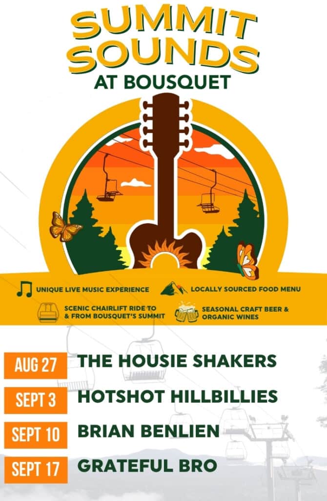 Poster for Summit Sounds at Bousquet with a guitar silhouette inside a sunset circle, listing: Aug 27 The House Shakers; Sept 3 Hotshot Hillbillies; Sept 10 Brian Benlien; Sept 17 Grateful Bro.