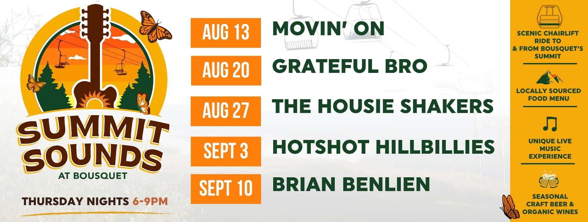 Poster for Summit Sounds at Bousquet with a guitar illustration, butterflies, and chairlift icons; dates Aug 13, Aug 20, Aug 27, Sept 3, Sept 10 with headliners on the right side.