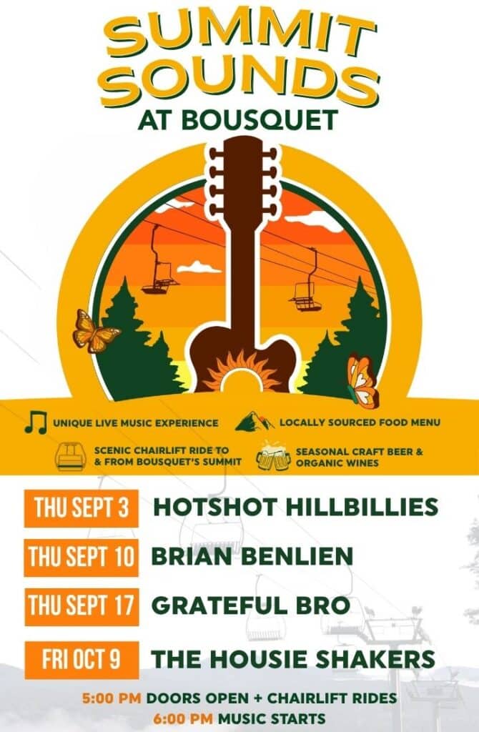 Poster for Summit Sounds at Bousquet with a guitar silhouette over a sunset scene; lists dates and bands: Sept 3 Hotshot Hillbillies, Sept 10 Brian Benlien, Sept 17 Grateful Bro, Oct 9 The Housie Shakers.