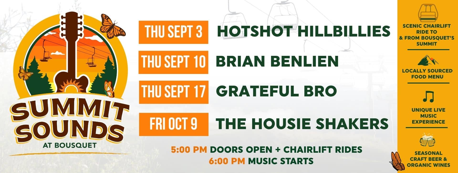Poster for Summit Sounds at Bousquet featuring a circular orange guitar logo with butterflies and trees; event dates and headliners listed on the right side.