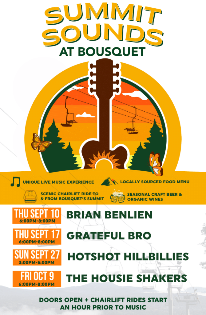 Poster for Summit Sounds at Bousquet with a guitar silhouette over a sunset circle; features band lineup—Brian Benlien, Grateful Bro, Hotshot Hillbillies, The Housie Shakers—and dates (Thu Sep 10, Thu Sep 17, Sun Sep 27, Fri Oct 9) with doors open and chairlift rides.
