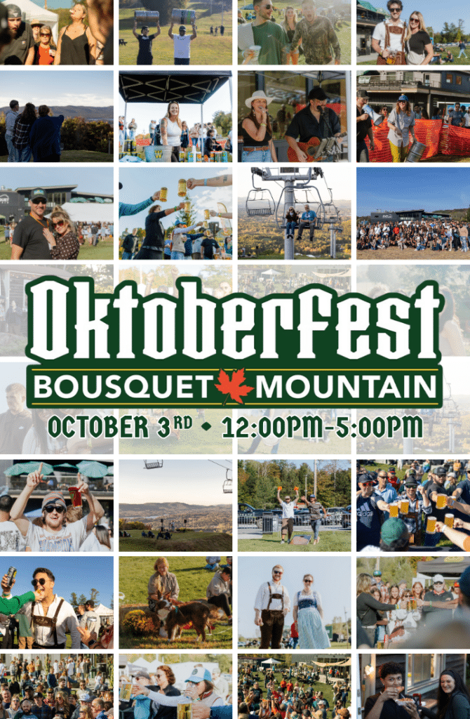 Poster-style collage advertising Oktoberfest at Bousquet Mountain on Oct 3, 12–5 PM with crowds, beer, and music.