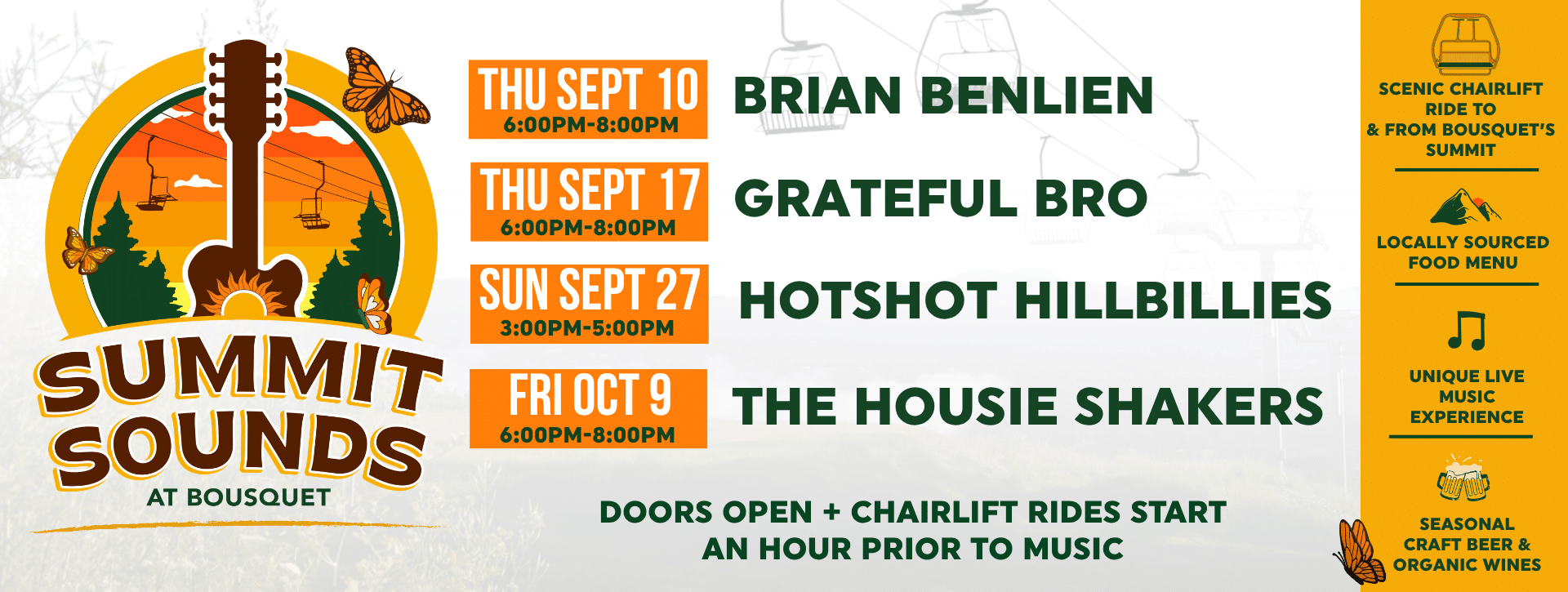 Poster for Summit Sounds at Bousquet featuring a large guitar logo with butterflies and trees on the left; orange schedule blocks list dates and performer names: Brian Benlien, Grateful Bro, Hotshot Hillbillies, The Housie Shakers; right side has a vertical orange panel with local food, live music, and beer icons and text; event doors open and pre-music info at bottom.