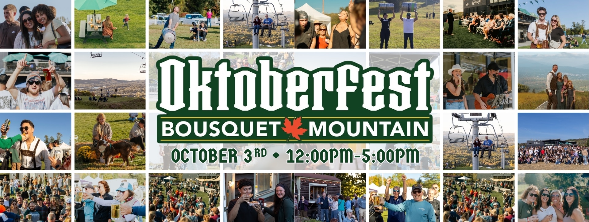 Collage banner for Oktoberfest at Bousquet Mountain with festival attendees enjoying food, drinks, and rides.