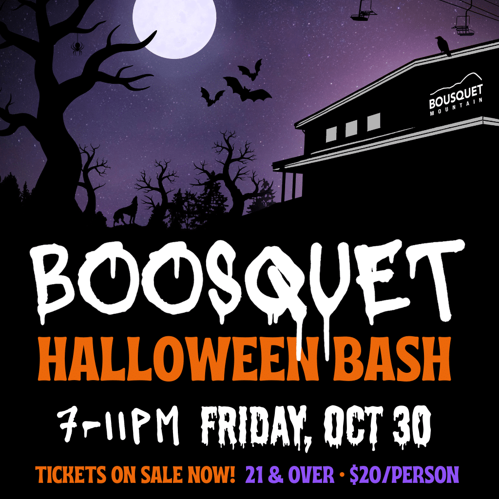 Poster for Boosquet Halloween Bash: purple night sky, full moon, bare trees and bats, with white 'BOOSQUET' and orange 'HALLOWEEN BASH' text; 7–11PM Friday, Oct 30; tickets on sale now, 21+ only,  per person.